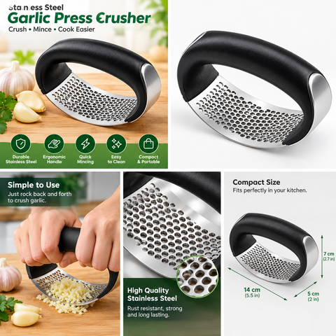 Stainless Steel Garlic Press Crusher – Manual Rocking Mincer with Ergonomic Handle